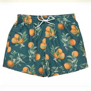 NEW Men’s Blue Rooster Swim Trunks in Green Botanical Oranges, Size XXL, NWT